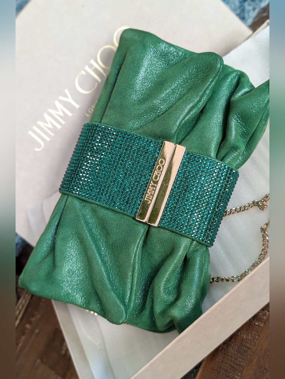 Jimmy Choo Pink Shimmer Suede Chandra Chain Clutch - Picture 7 of 15